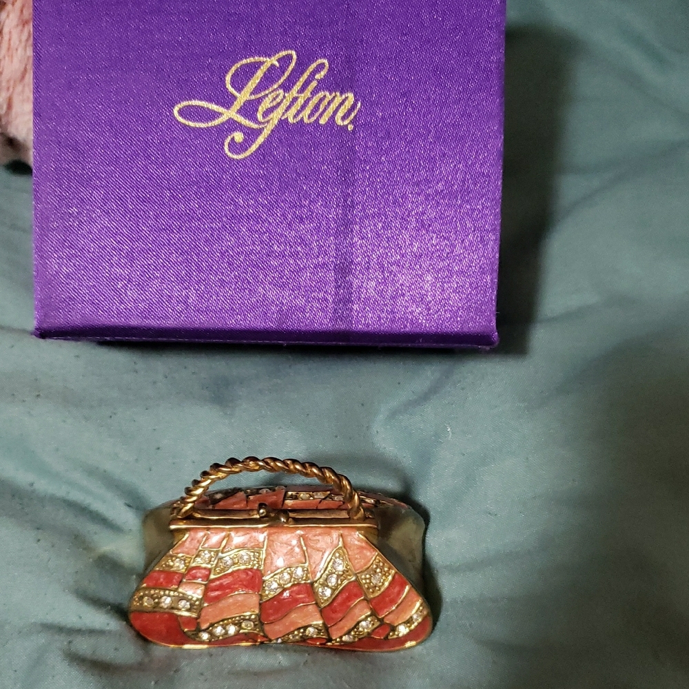 Lefton Vintage Orange and Gold Enamel Trinket Purse In Original Purple Box